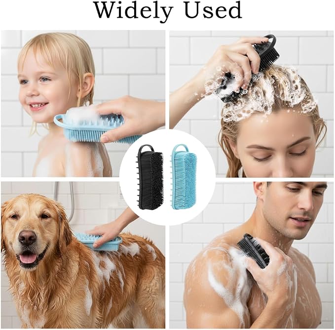 2 PCS Soft Silicone Body Scrubber, 2 in 1 Exfoliating Shower Bath Scrubber, Silicone Loofah Bath and Shampoo Brush Body Shower Use Shower Hair Scalp Massager, Easy to Clean, Lather Well (Black&Blue)
