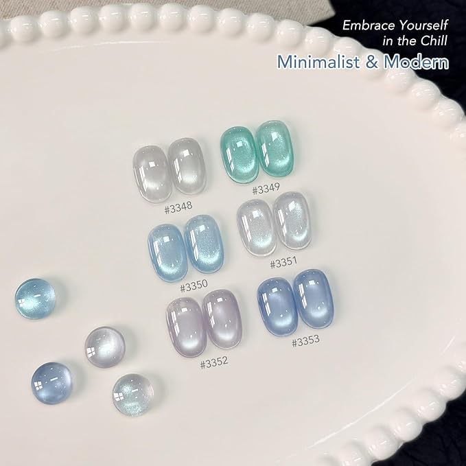 GAOY Cat Eye Gel Nail Polish Set with Magnet, 6Pcs Silver Blue Green Icy Summer Holographic Cat Eye, Reflective Translucent UV Gel, Sea Splash