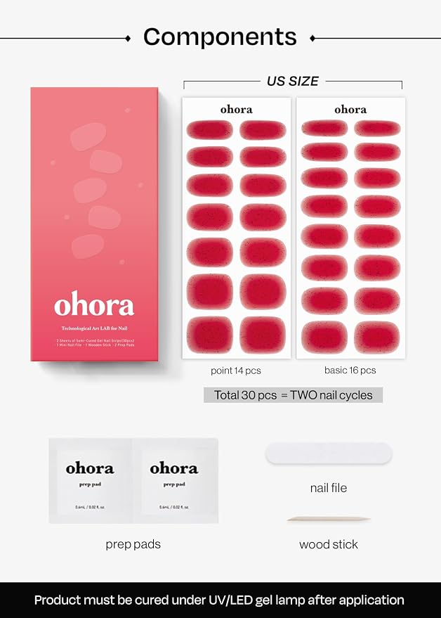 ohora Semi Cured Gel Nail Strips (N Jelly Berry) - Works with Any Lamps, Salon-Quality, Long Lasting, Easy to Apply & Remove - Includes 2 Prep Pads, Nail File & Wooden Stick