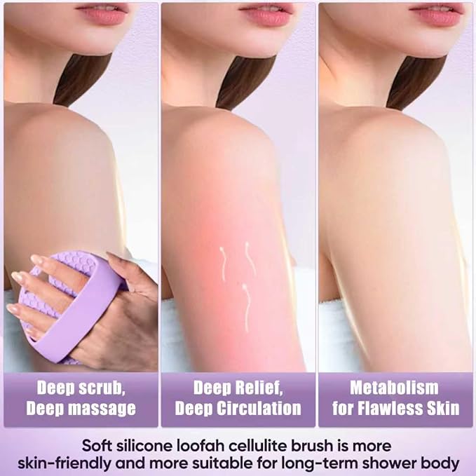 Silicone Body Scrubber -Anti Zinc Infused Exfoliating Body Scrubber | Anti Slip Silicone Loofah,Stiff & Soft Bristles for Cellulite Reduction,Blood Circulation- Purple