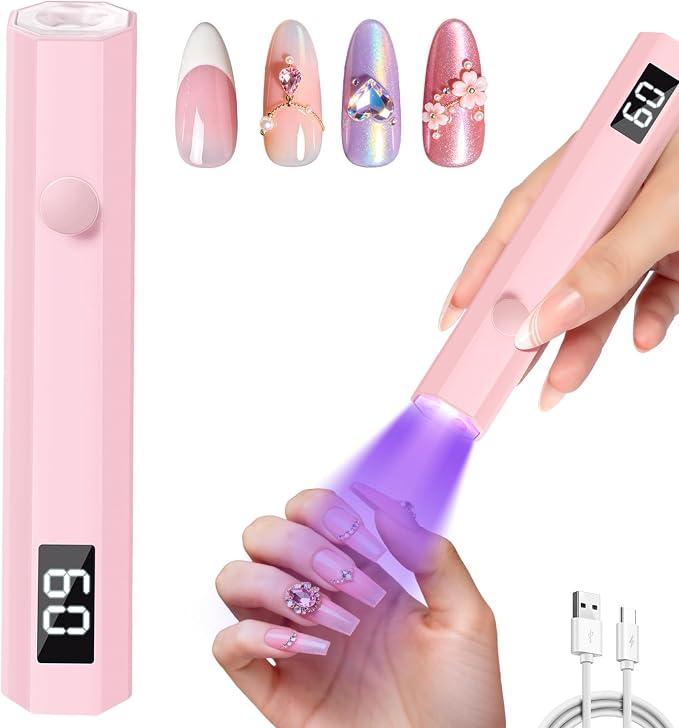 Krofaue Handheld UV Nail Lamp, 180mAh Rechargeable, 20/60s Timer, LCD | Mini portable, 3W fast curing, 180mAh battery, 40 mins cordless use, 20s/60s timers, for gel polish, home DIY, salon, travel
