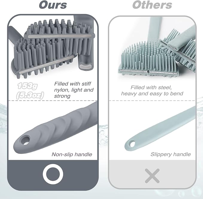 Manmihealth Silicone Back Scrubber & Soft Bath Glove Set 2PCS Gray | Super-Exfoliating Body Scrubber & Super-Lathering Shower Brush Combination, Thick Bristles, with a Free Hook
