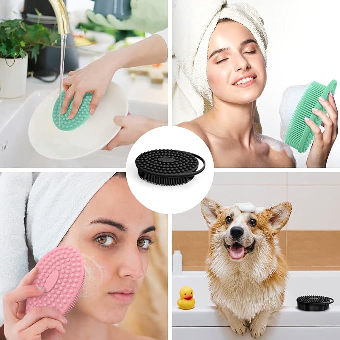 PQRUU 3 Pack Silicone Body Scrubber, Soft Silicone Loofah, Exfoliating Body Scrubbers for Use in Shower,Bath Scrubbers Fit for All Kinds of Skin, Rapid Foaming,Black,Green,Pink