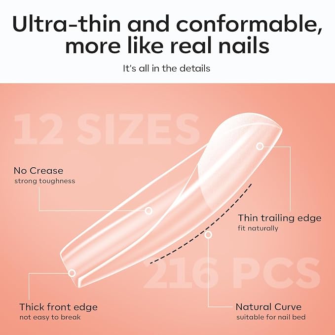 modelones X Nail Gel Kit Medium Square, 9-in-One Nail Glue UV Light | 216Pcs 12Sizes Pre-Etched Press ons Fake Acrylic Extension Kit DIY Salon Gift