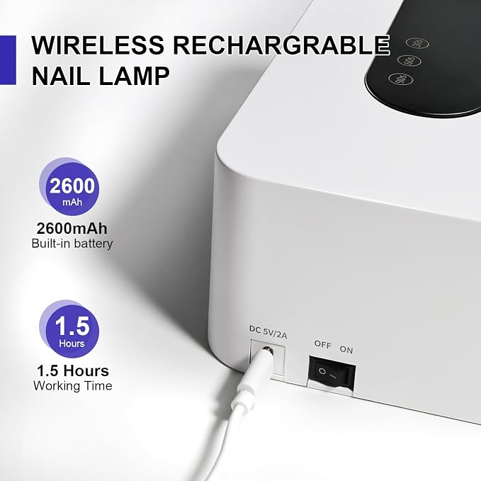 JODSONE U V Nail Lamp Rechargeable Portable with 3 Timers and LCD Display Screen for Nail Dryer Gel White