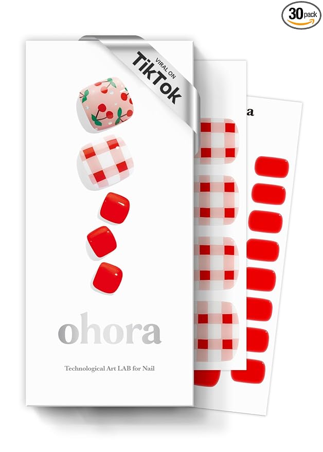 ohora Semi Cured Gel Pedi Strips (P Cherry Crush) - Works with Any Nail Lamps, Salon-Quality, Long Lasting, Easy to Apply & Remove - Includes 2 Prep Pads, Nail File & Wooden Stick
