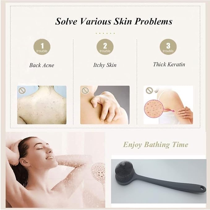 Long Handle Silicone Body Scrubber for Shower, Dual-Sided Back Scrubber Brush with Soft Bristles&Massage Nodes, Exfoliating Bath Brush for Hard to Reach Areas, Easy to Clean & Quick Dry, for Daily Use
