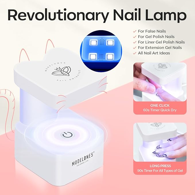 modelones X Nail Gel Kit Medium Oval, 9-in-One Nail Glue Mini UV Light | 216Pcs 12Sizes Pre-Etched Round Press ons Fake Acrylic Extension Kit DIY Salon Gift