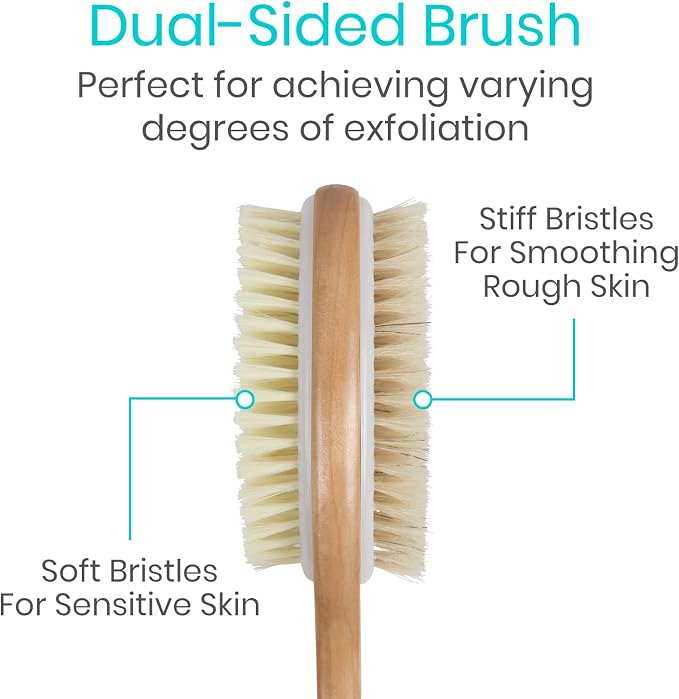 Vive Back Scrubber for Shower – Long Handle Dry Brushing Body Brush | Soft & Stiff Bristles – Exfoliating Shower Loofah & Bath Scrubber Cleaner for Women, Men, Elderly – Antiskid Grip