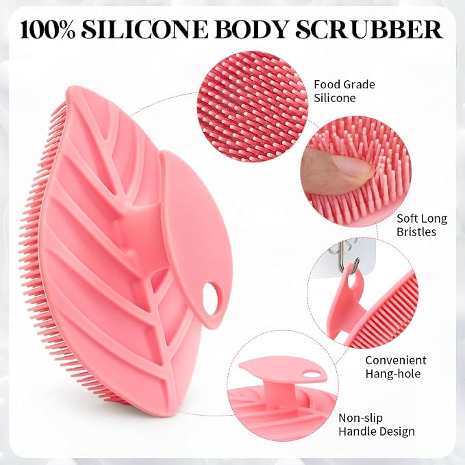 2 Pack Silicone Body Scrubber, Soft Silicone Loofah, Gentle Exfoliating Body Scrubber for Sensitive Skin, Leaf Shaped Shower Scrubbers, Silicone Scrubbers Body Brush for Women Men (Pink & Black)