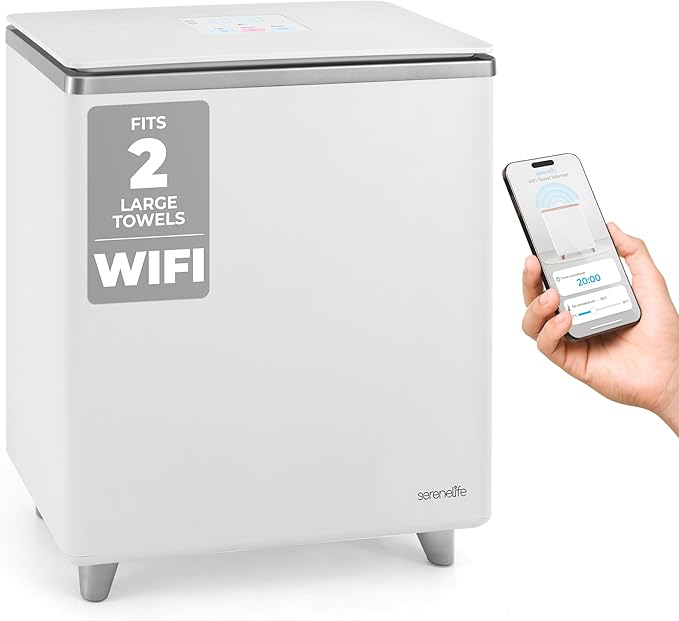 SereneLife WIFI Luxury Rectangle Towel Warmer - Spa & Bathroom Blanket Heater with Custom Fragrance, Auto Shut-Off, Fits 2 large Towels, Blankets, Bathrobes, PJ's - Perfect Gift for Him & Her (Silver)