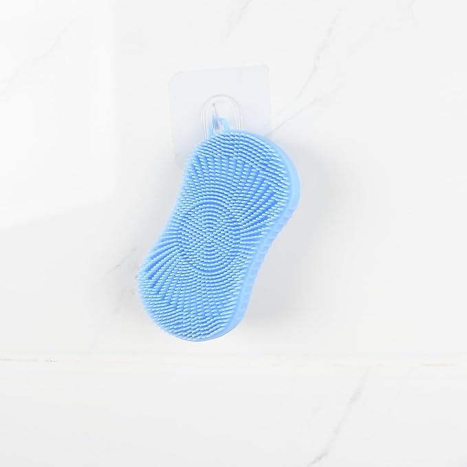 Silicone Body Scrubber, Double Sided Exfoliating Brush with Soft Flexible Bristles, Scalp Massage and Shampoo Tool with Hanger Loop, (Blue)