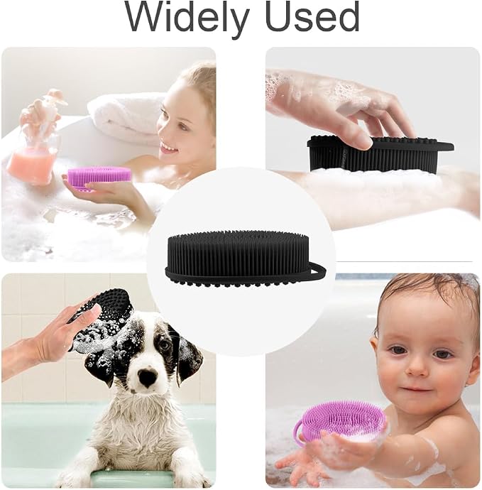 Soft Silicone Body Shower， Exfoliating Silicone Body Scrubber, Silicone Loofah 2 in 1 Bath and Shampoo Brush, Body Scrubber Shower Easy to Clean for Sensitive Skin, Lather Well 2 PCS Black and Purple