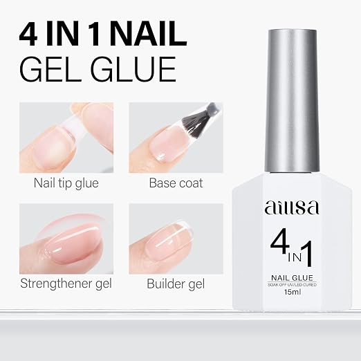 AILLSA 2PCS Gel Nail Glue for Acrylic Nails, 4 in 1 Strong Nail Gel Glues | Glue for False Nail Tips U V Curing Needed, 15ml High Capacity Gel Extension Brush On Nail for Rhinestone Pearl Foil
