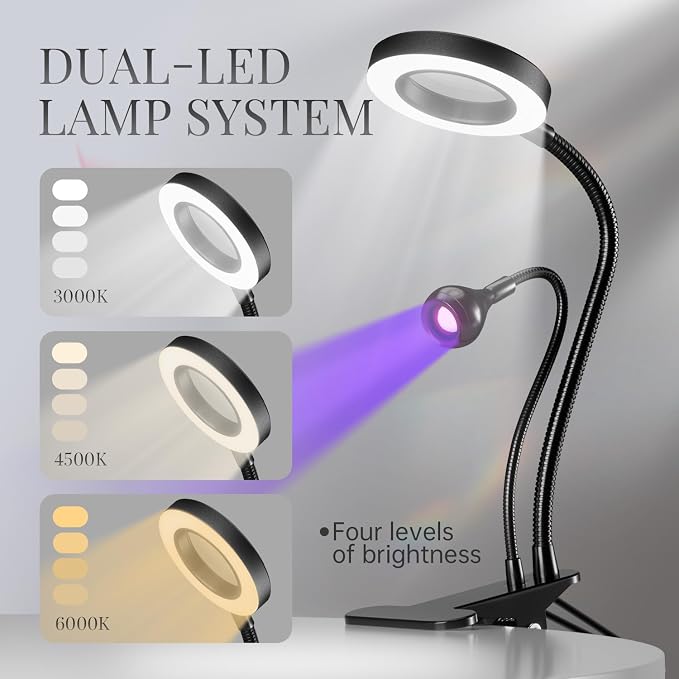 Dual Head UV Nail Lamp with 6X Magnifier, 3 Color Temps, Clip | 6X magnifier, 365+395nm fast cure, 3 color temps, 360° gooseneck, for gel polish and crafts, salon and home DIY