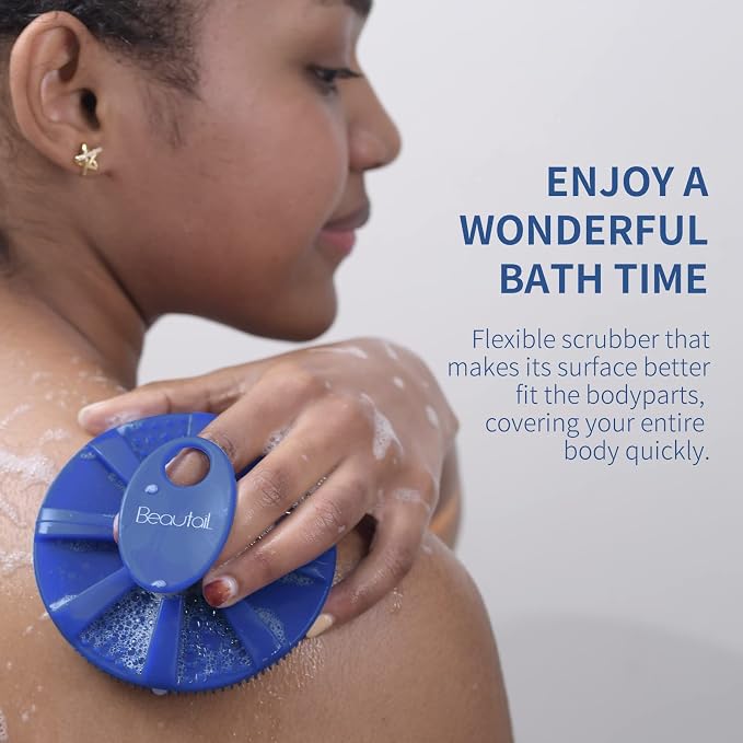 Silicone Body Scrubber, BEAUTAIL Gentle Exfoliating Shower Brush for Body | Hygienic Silicone Loofah, Easy-Grip Handle, Soft Bath Essential Scrubber for Sensitive Skin, Women, Men & Kids, 1 Pack, Blue