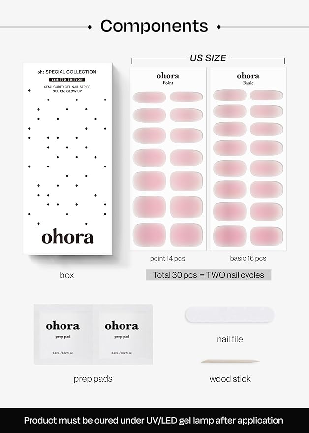 ohora Semi Cured Gel Nail Strips (N Clean Girl) - Pink, Jelly, Works with Any UV/LED Lamps, Salon-Quality, Long Lasting, Easy to Apply & Remove - Includes 2 Prep Pads, Nail File & Wooden Stick