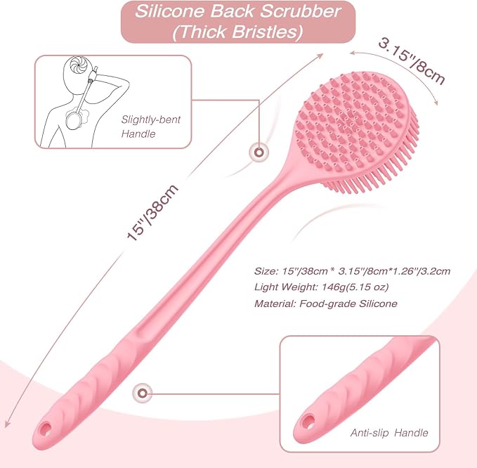 Manmihealth Silicone Back Scrubber & Soft Bath Glove Set 2PCS Pink | Super-Exfoliating Body Scrubber & Super-Lathering Shower Brush Combination, Thick Bristles, with a Free Hook
