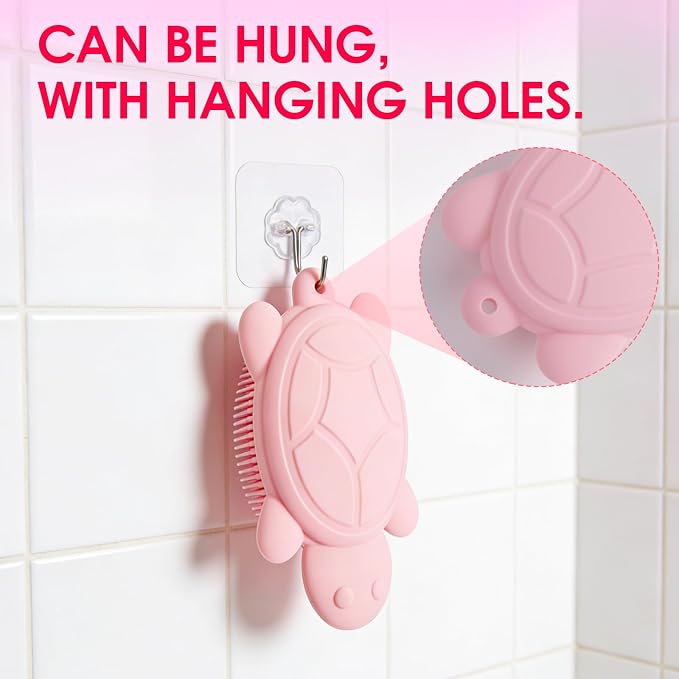 Baby Shower Brush,Kids Silicone Body and Back Exfoliating Mitt - Soft Bristles, Gentle Exfoliation, Cute Turtle Design Makes Children Love Bathing(Pink)