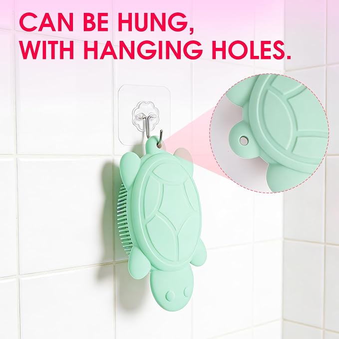 Baby Shower Brush,Kids Silicone Body and Back Exfoliating Mitt - Soft Bristles, Gentle Exfoliation, Cute Turtle Design Makes Children Love Bathing(Mint)