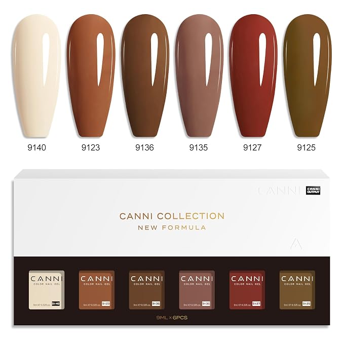 CANNI 9ML Gel Nail Polish Set, 6 Brown Nude Shades UV LED Soak Off | Smooth Application • Highly Pigmented • Glossy Finish • Long-Lasting Wear • Nail Art • Salon DIY Manicure • Easy Application