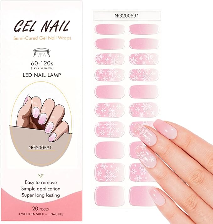 Christmas Semi Cured Gel Nail Strips - 20Pcs Pink UV Gel Nail Wraps with Snowflake Design, Long Lasting Salon-Quality Stickers, Includes Nails File & Wooden Stick - UV/LED Lamp Required