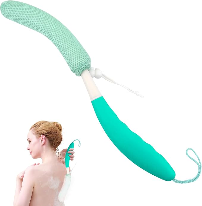 Back Scrubber for Shower,15.35"Curved Body Brush with Anti Slip Long Handle | Long Back Scrubber for Men & Women, Skin Exfoliating Curved Back Scrub Brush, Removable Long Handle Mesh Sponge Back Washer