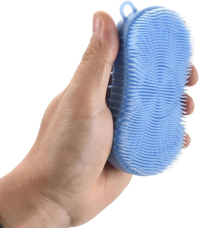 Silicone Body Scrubber, Double Sided Exfoliating Brush with Soft Flexible Bristles, Scalp Massage and Shampoo Tool with Hanger Loop, (Blue)
