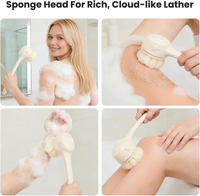Electric Body Brush with 4 Replacement Heads & Auto-Lock & Long Handle | 3-Speed Rechargeable Back Scrubber for Shower, Exfoliating & Deep Cleaning & Skin Massaging