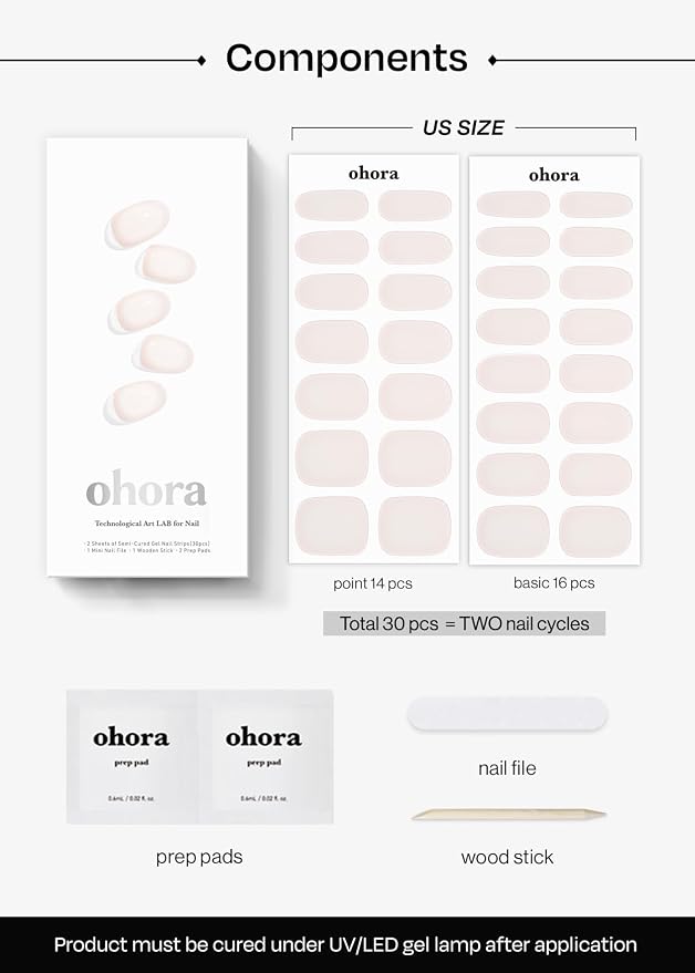 ohora Semi Cured Gel Nail Strips (N Coconut Jelly) - Works with Any Nail Lamps, Salon-Quality, Long Lasting, Easy to Apply & Remove - Includes 2 Prep Pads, Nail File & Wooden Stick