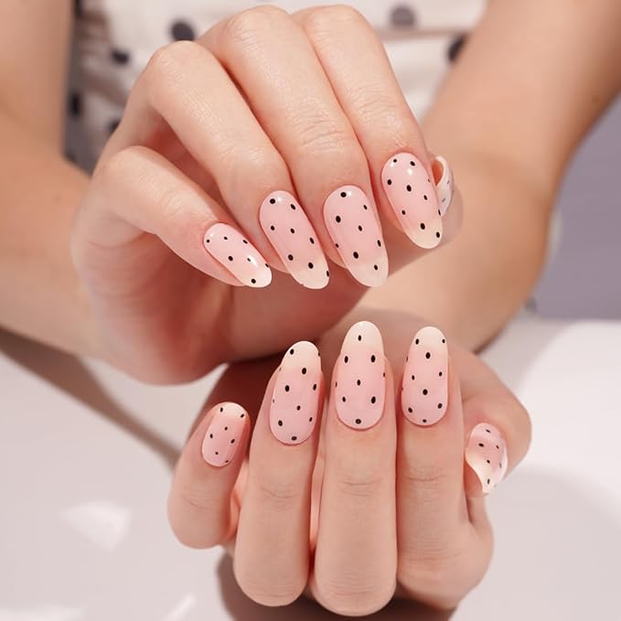 Polka Dot Semi Cured Gel Nail Strips - 20Pcs Pink UV Gel Nail Wraps with Polka Dots Design, Long Lasting Salon-Quality Stickers, Includes Nails File & Wooden Stick - UV/LED Lamp Required