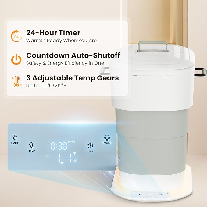 Foldable Towel Warmer 27L,Retractable Portable Towel Warmers Bucket, Time Setting & Auto Shut-Off, 3 Heat Levels with Lighting,Heats Towels/Robes/Blankets, Ideal for Bathroom (Grey)