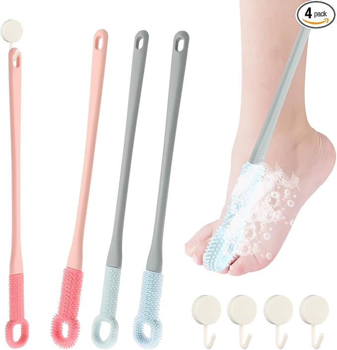 4 Pcs Toe Cleaning Brush with Long Handle - Soft Rubber Toe Cleaner & Gap Scrubber for Shower - No-Bend Foot Brush for Seniors, Men & Women