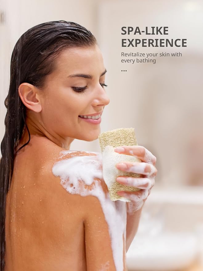 Reemix Natural Loofah Exfoliating Body Scrubber 4-Piece Long Cylinder Set | Large Home & Shower Sponge for Face & Body, Eco-Friendly Bath Tool for Gentle Exfoliation, Spa-Like Experience at Home
