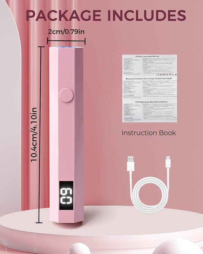 mlogiroa UV Nail Light Handheld UV Light for Nails | 3W Portable Led Lamp with 2 Timer Settings 20/60s for Gel Polish Home DIY Salon Women Pink