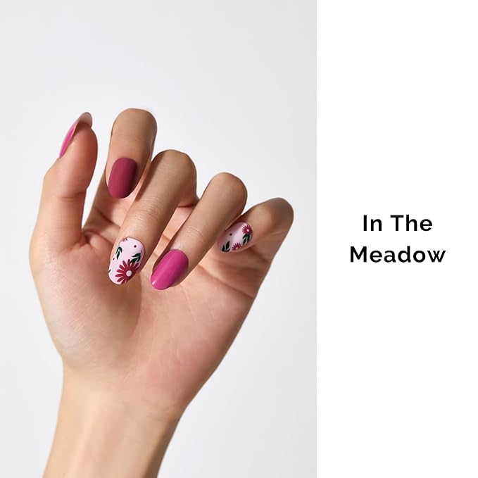Semi Cured Gel Nail Strips - NAILOG 34 Pcs Floral Nail Stickers Extra Long Nail with Glossy Gel Finishing for Autumn Winter, in The Meadow
