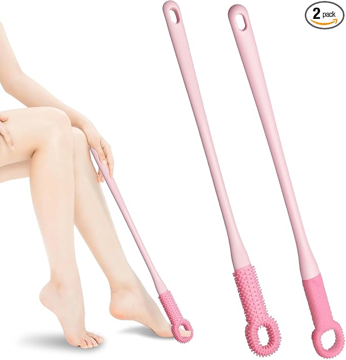 2 Pack Toe Cleaning Brush with 15.7" Long Handle, Silicone Foot Scrubber & Exfoliating Anti-Itch Brush for Bath & Feet, No-Bend Long Reach Feet Cleaner for Seniors & Daily Living (Pink)