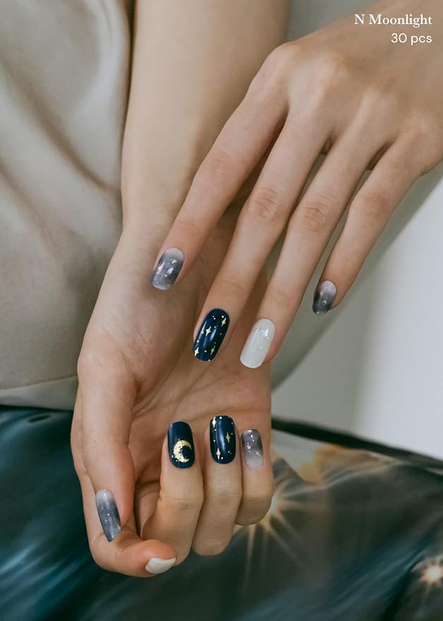 ohora Semi Cured Gel Nail Strips (N Moonlight) - Dark, Patterned, Works with Any UV/LED Lamps, Salon-Quality, Long Lasting, Easy to Apply & Remove - Includes 2 Prep Pads, Nail File & Wooden Stick