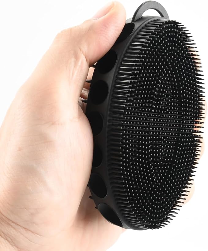 Silicone Body Scrubber with Double-Sided Bristles, Deep Cleaning Massage Brush, Black, Flexible Design with Hanger Loop for Exfoliating and Scalp Care (Black)