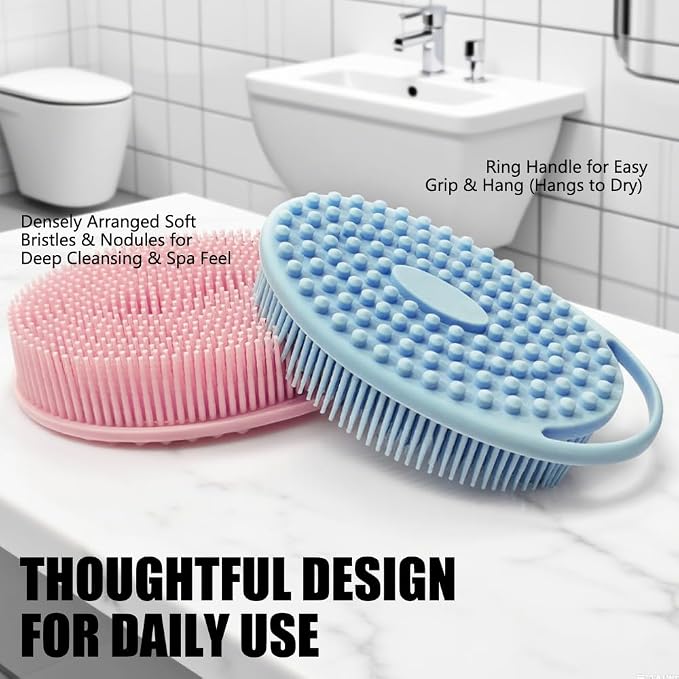 Silicone Body Scrubber Body Shower Bath and Shampoo Brush Shower Cleaning Gentle Exfoliating Use for All Skin Type Men & Women Light Blue