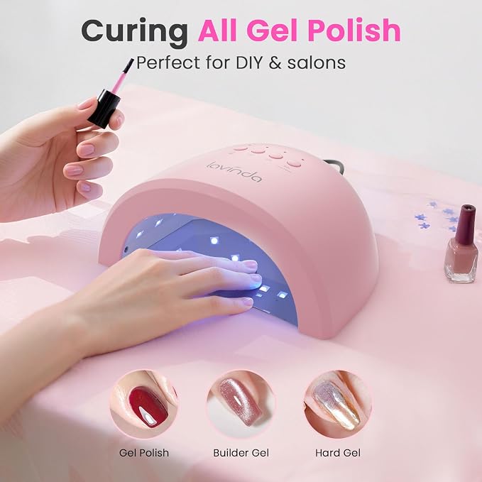 Lavinda UV LED Nail Lamp for Gel Polish, 48W UV Light for Nails Professional Nail Dryer Fast Curing Lamp with 4 Timers, Smart Sensor, Detachable Base for Hands & Feet Home Salon DIY Manicure - Pink