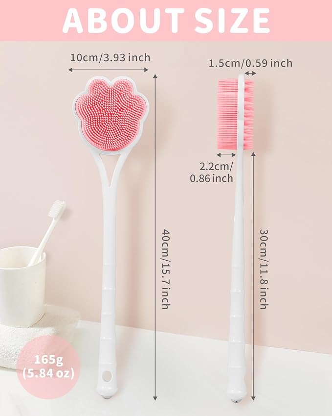 Manmihealth 15.7" Cute Silicone Body Scrubber & Face Scrubber Set PinkSet | 3 PCS Paw-Shaped Silicone Back Shower Brush & Facial Scrubber with Super-Soft Bristles Combination