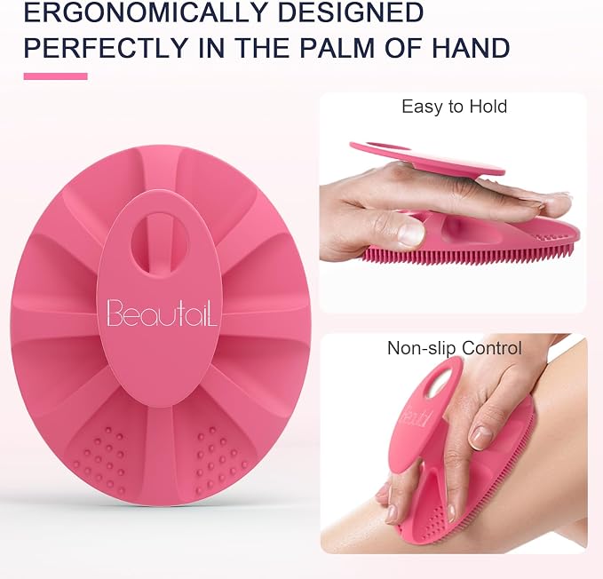 Silicone Body Scrubber, BEAUTAIL Gentle Exfoliating Brush on Sensitive Skin | Soft Shower Scrubber for Body, Hygienic Silicone Loofah, Bathroom Essentials Brush for Women, Men & Kids, 1-Pack, Pink