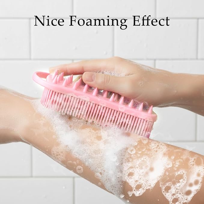 2 PCS Soft Silicone Body Scrubber, 2 in 1 Exfoliating Shower Bath Scrubber, Silicone Loofah Bath and Shampoo Brush Body Shower Use Shower Hair Scalp Massager, Easy to Clean, Lather Well (Black&Pink)