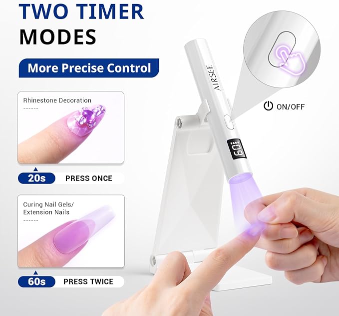 AIRSEE Mini Handheld UV Light with Storage Bag & Display,White-with Stand | Cordless Nail Lamps,2 Timers for Fast Cure All Soft Gels, Especially Rhinestone Glue and Gel Nail Strips at Home,Travel