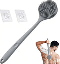 Silicone Back Scrubber for Shower, 17in Lengthen Long Handle Body Brush, Double Sided Shower Brush for Shower Exfoliating and Massage,Includes 2 Hooks(Grey)