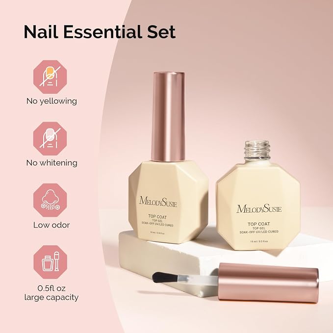 MelodySusie No Wipe Glossy Top Coat Long Lasting Shine Finish Soak Off UV LED Nail Lamp Nail Polish Art Design Manicure Kit Perfect Gifts for Women Girls 2 Pcs 15ml Clear