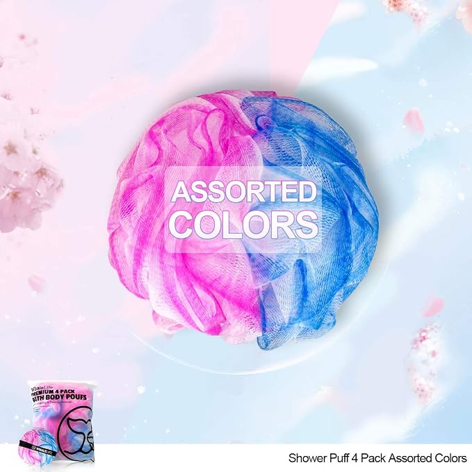 Loofah Sponge Bath Sponge for Women Men 4 Pack (Blue Pink Conbine) | 10X Suds Save Body Wash Double Knotted Anti Tear Core Fast Dry Cotton Loop Stay Fresh Large Mesh for Sensitive Skin