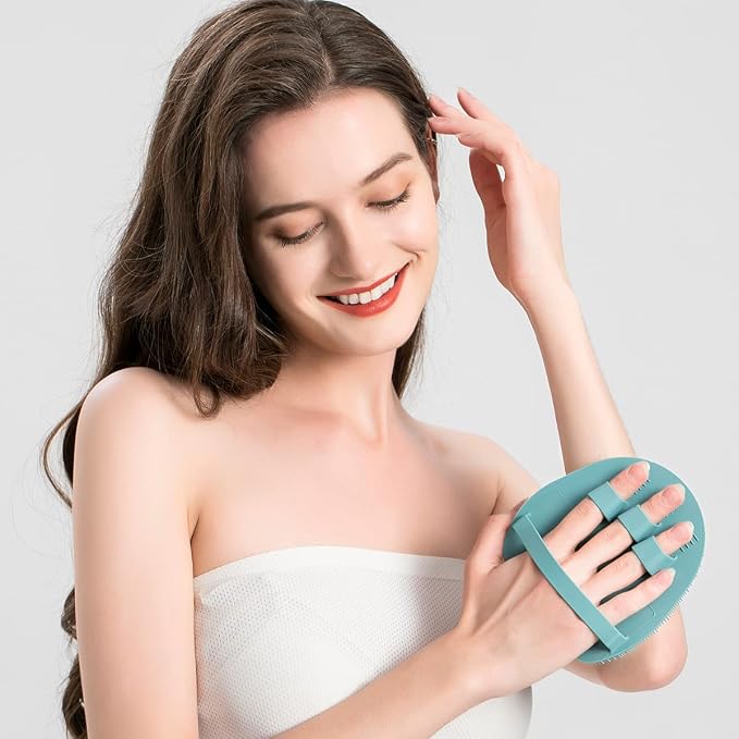 2 Pack Soft Silicone Shower Brush, Body Scrubber Exfoliating Skin Massage | Body & Face & Short Hair Wash, Dry Skin Brushing Glove Loofah, Fit for Sensitive and All Kinds of Skin (PeonyPink+Green)