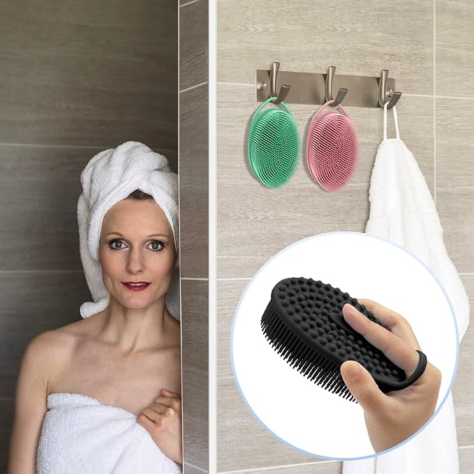 PQRUU 3 Pack Silicone Body Scrubber, Soft Silicone Loofah, Exfoliating Body Scrubbers for Use in Shower,Bath Scrubbers Fit for All Kinds of Skin, Rapid Foaming,Black,Green,Pink